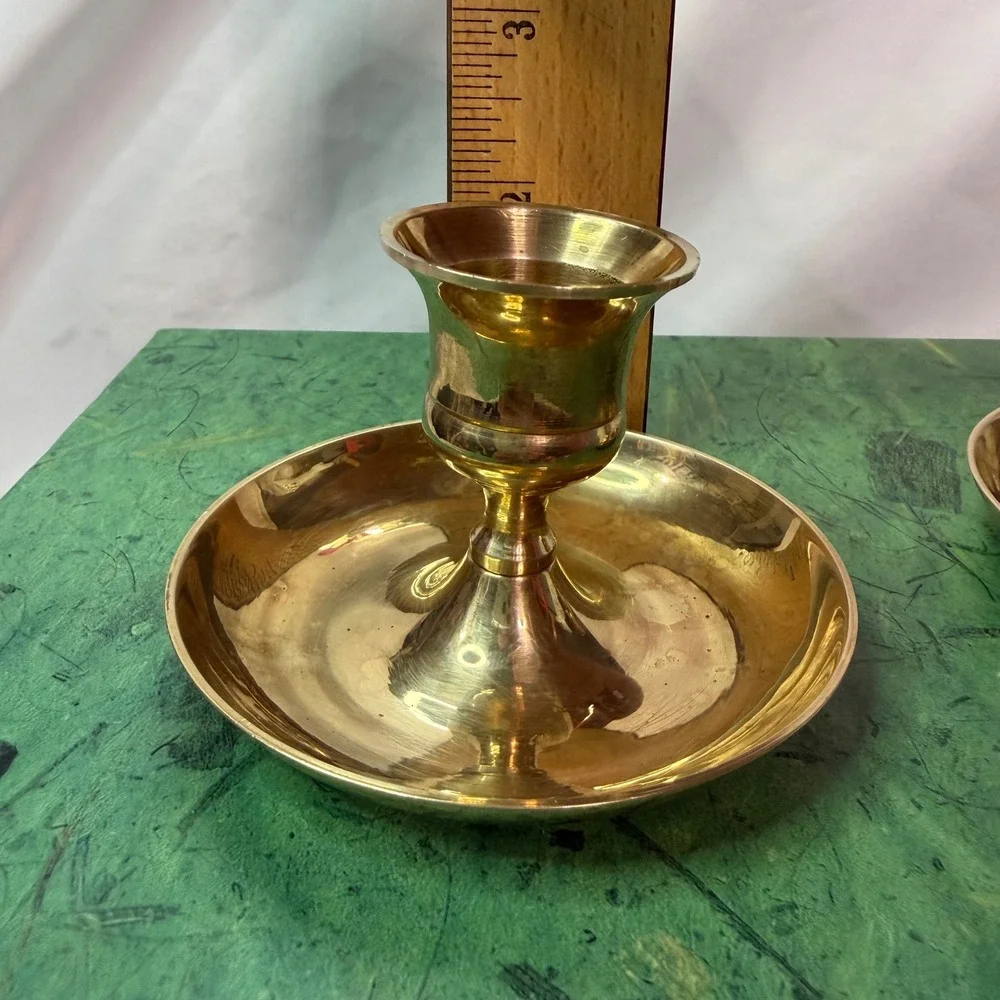 Vintage Solid Brass Chamberstick Taper Candle Holder Set Gold Saucer Base 2pc